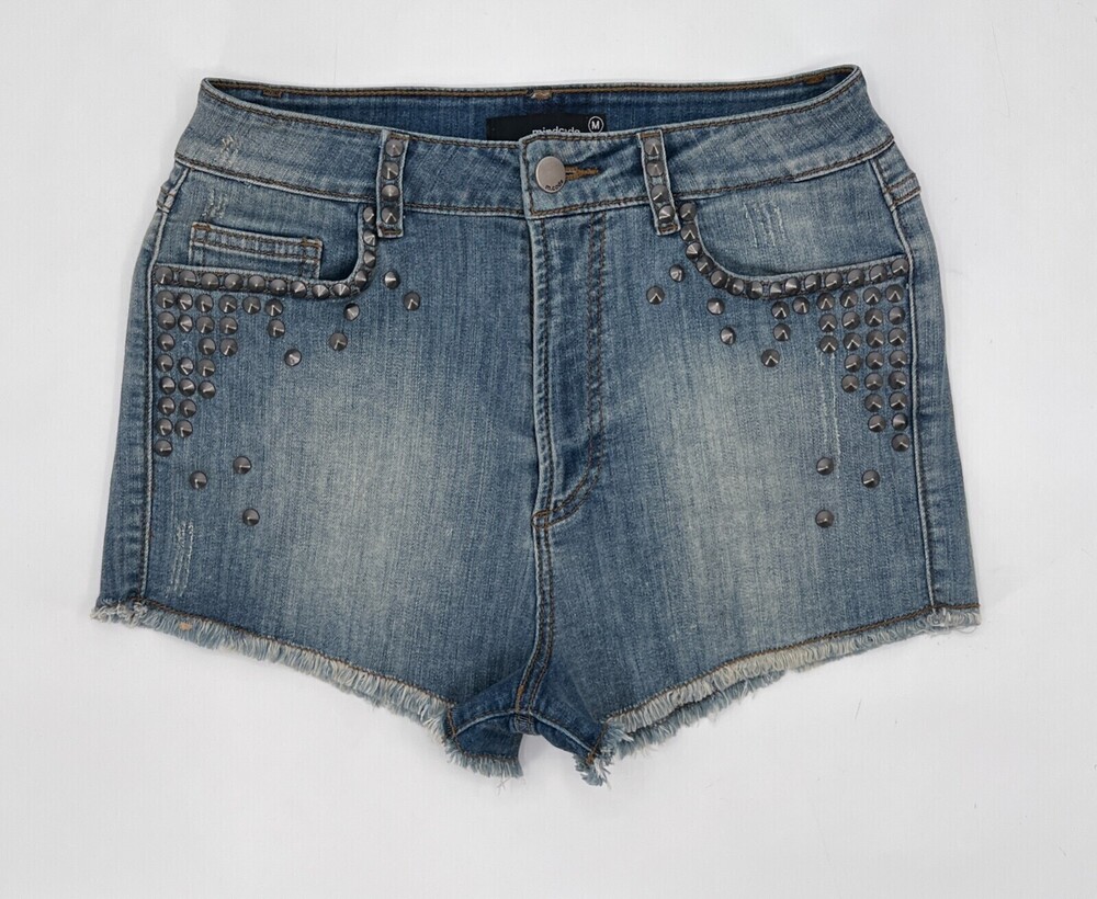 Mind Code Shorts Women Medium Blue Denim Skinny Studded Cutoff Embellished